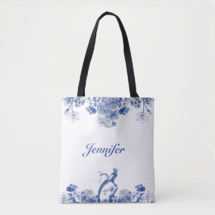 Blauw en wit floral China Patroon met vogel Tote Bag