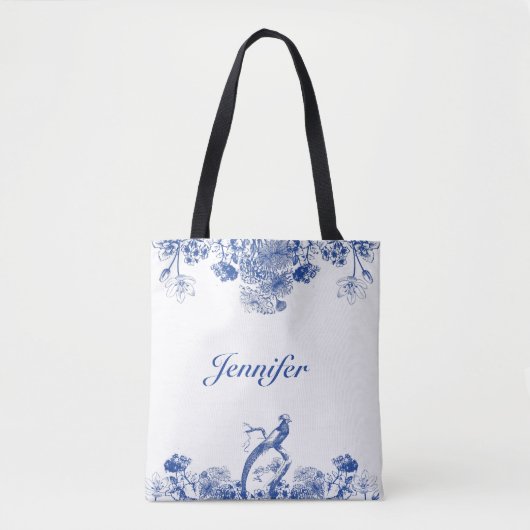 Blauw en wit floral China Patroon met vogel Tote Bag (Voorkant)