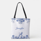 Blauw en wit floral China Patroon met vogel Tote Bag (Achterkant)
