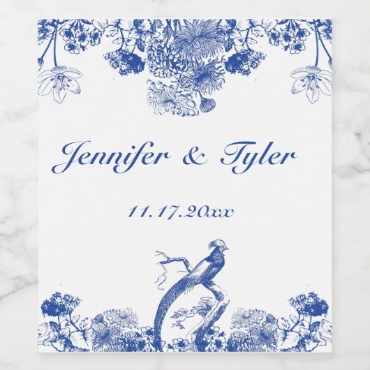 Blauw en wit floral China Patroon met vogel Wijn Etiket (Enkel label)