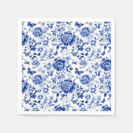 Blauw en wit Floral Chinoiserie Servet (Voorkant)