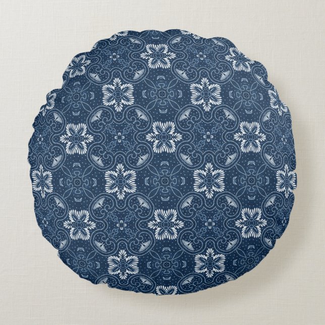 Blauw en wit Floral Design Round-Sierkussen Rond Kussen (Voorkant)