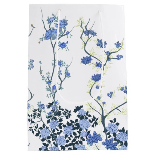Blauw en wit Floral Gift Bag Medium Cadeauzakje (Achterkant)
