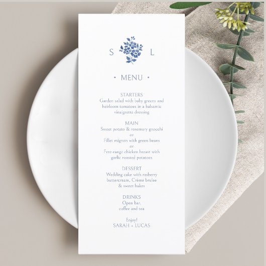 Blauw en wit | Floral Monogram Flat Wedding Menu