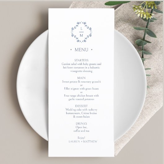 Blauw en wit | Floral Monogram Flat Wedding Menu