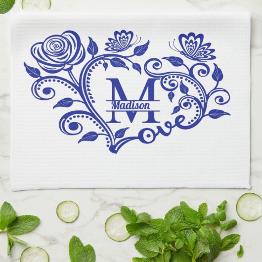 Blauw en wit Floral Monogram M Theedoek (Gevouwen)