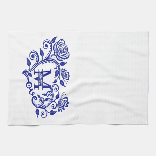Blauw en wit Floral Monogram M Theedoek (Horizontaal)