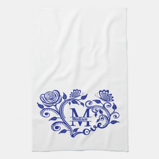 Blauw en wit Floral Monogram M Theedoek (Verticaal)