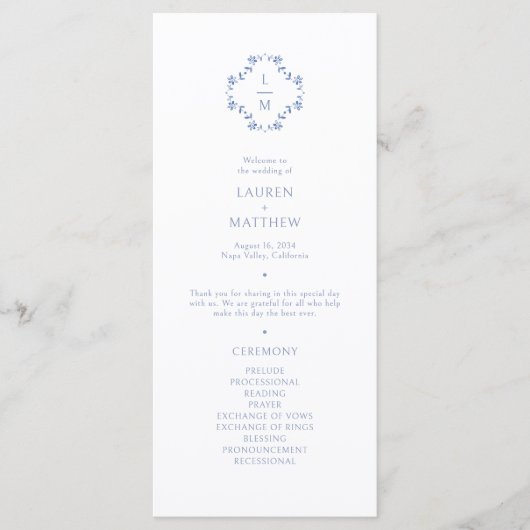 Blauw en wit | Floral Monogram Trouwprogramma Menu (Voorkant)