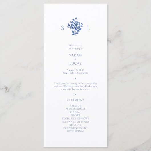 Blauw en wit | Floral Monogram Trouwprogramma Menu (Voorkant)