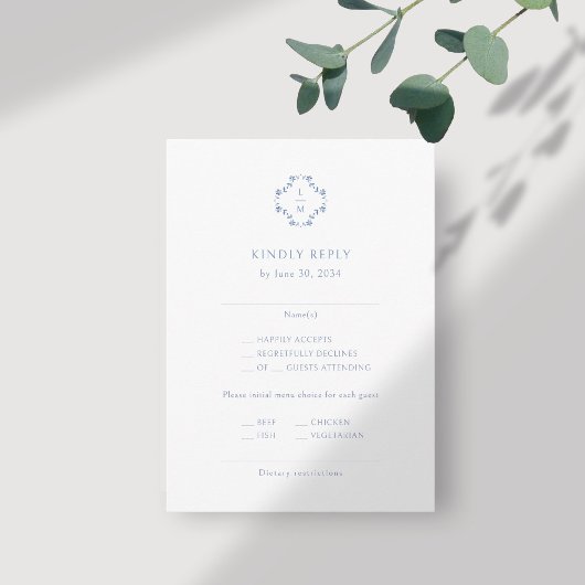 Blauw en wit | Floral Monogrammed Wedding RSVP Informatiekaartje