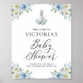 Blauw en wit Floral Nautical Baby shower Welkom Poster (Voorkant)