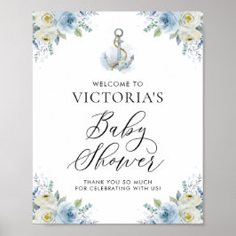Blauw en wit Floral Nautical Baby shower Welkom Poster