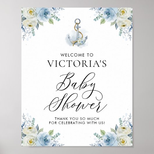 Blauw en wit Floral Nautical Baby shower Welkom Poster (Voorkant)