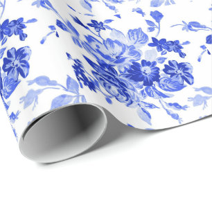  blauw en wit Floral Patroon Cadeaupapier