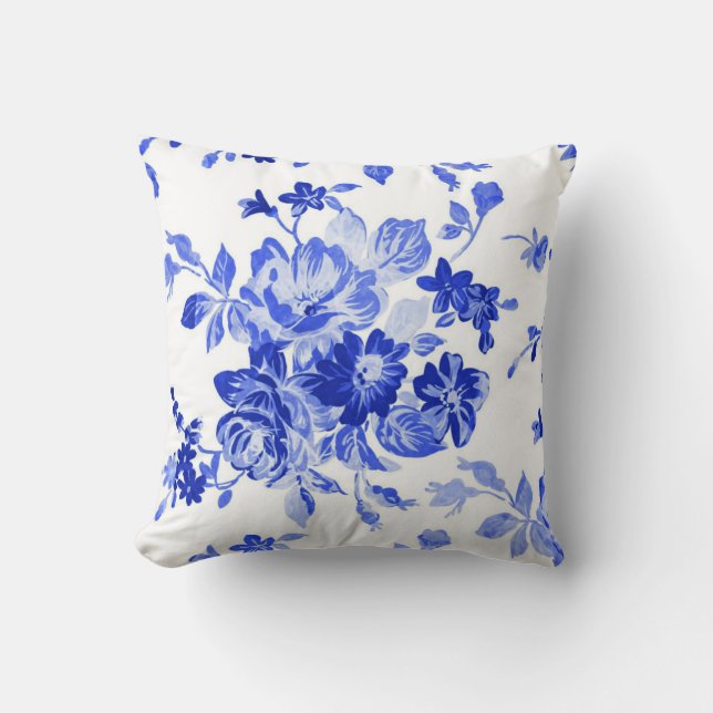  blauw en wit Floral Patroon Kussen (Voorkant)
