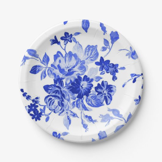 blauw en wit Floral Patroon Papieren Bordje (Voorkant)