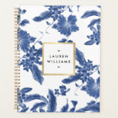 blauw en wit Floral Patroon Planner (Voorkant)