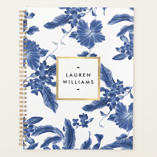  blauw en wit Floral Patroon Planner (Voorkant)