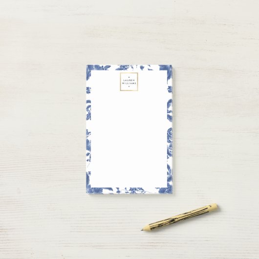  blauw en wit Floral Patroon Post-it® Notes (Op bureau)
