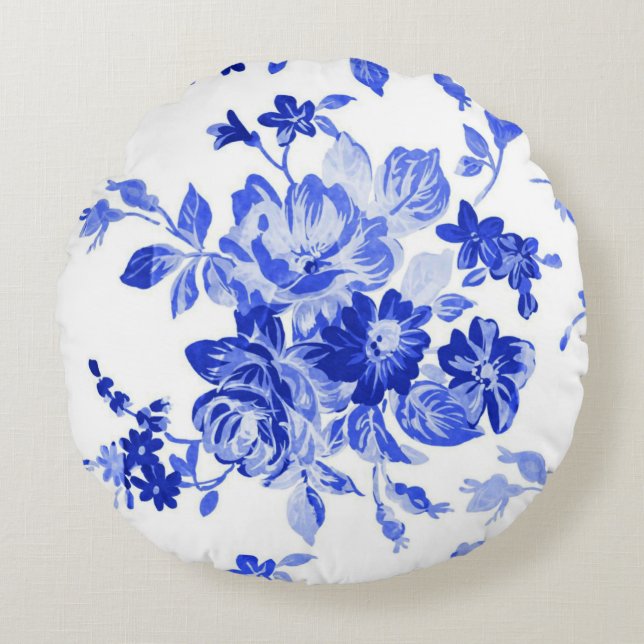  blauw en wit Floral Patroon Rond Kussen (Voorkant)