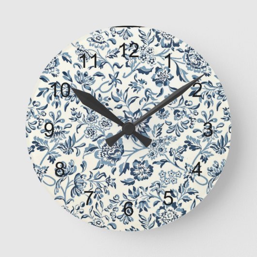  blauw en wit Floral Patroon Ronde Klok (Voorkant)