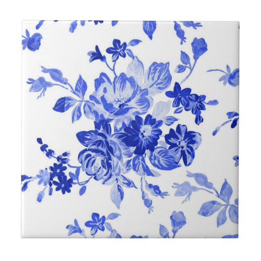  blauw en wit Floral Patroon Tegeltje (Voorkant)