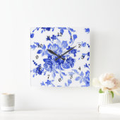  blauw en wit Floral Patroon Vierkante Klok (Huis)