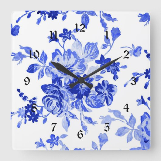  blauw en wit Floral Patroon Vierkante Klok (Voorkant)