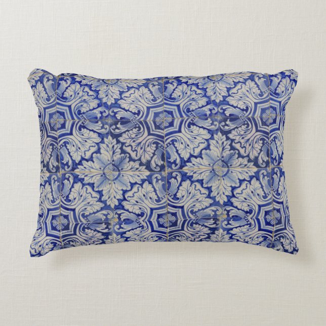 Blauw en wit  Floral Pattern Accent Kussen (Voorkant)