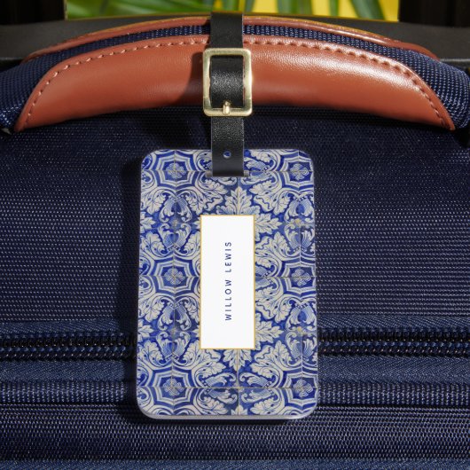 Blauw en wit  Floral Pattern Bagagelabel (Voorkant Insitu 2)