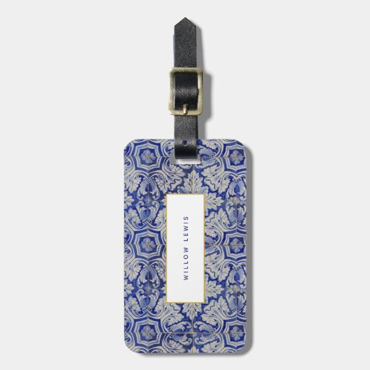 Blauw en wit  Floral Pattern Bagagelabel (Voorkant verticaal)