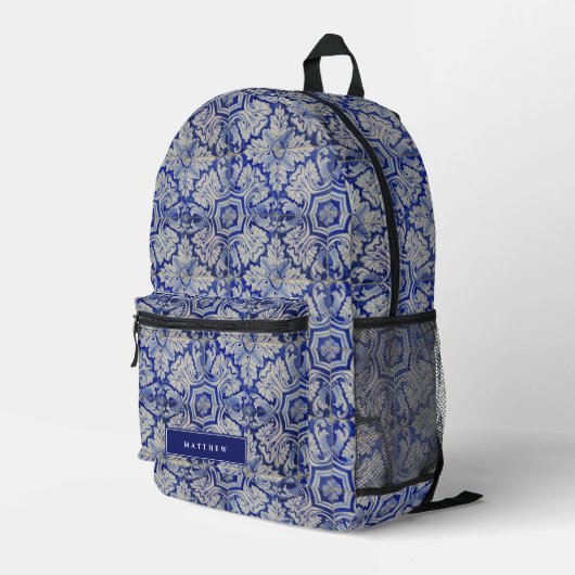 Blauw en wit  Floral Pattern Bedrukte Rugzak (Achterkant Hoek Rechts)