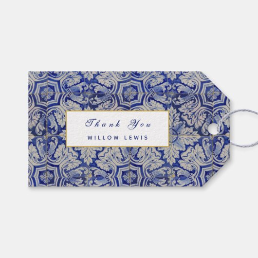Blauw en wit Floral Pattern Cadeaulabel (Voorkant (Horizontaal))