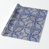 Blauw en wit  Floral Pattern Cadeaupapier (Uitgerold)