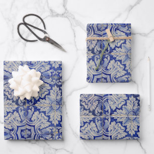 Blauw en wit  Floral Pattern Inpakpapier Vel