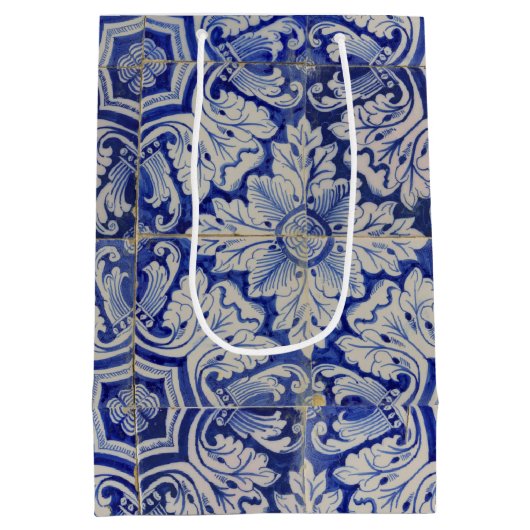 Blauw en wit  Floral Pattern Medium Cadeauzakje (Achterkant)