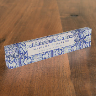 Blauw en wit Floral Pattern Naambordje