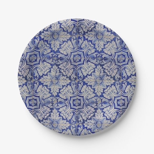 Blauw en wit  Floral Pattern Papieren Bordje (Voorkant)