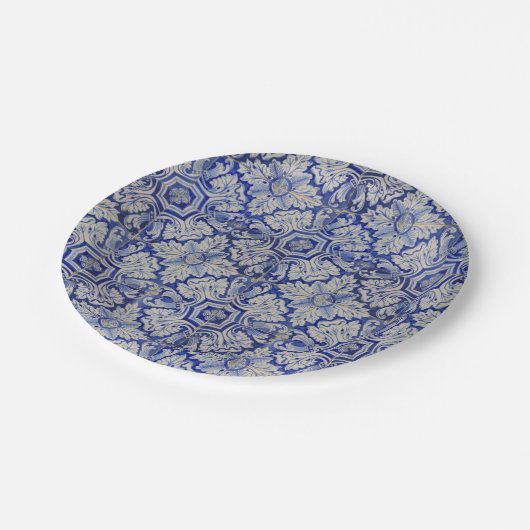 Blauw en wit Floral Pattern Papieren Bordje (Gekanteld)