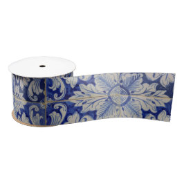Blauw en wit  Floral Pattern Satijnen Lint