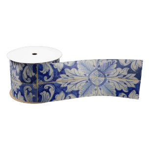 Blauw en wit  Floral Pattern Satijnen Lint