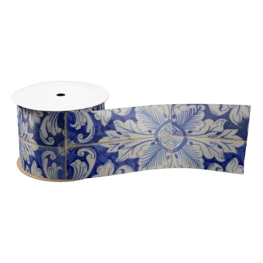 Blauw en wit  Floral Pattern Satijnen Lint (Spoel)