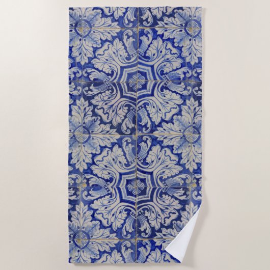 Blauw en wit  Floral Pattern Strandlaken (Voorkant)