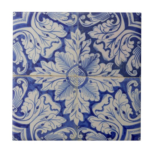 Blauw en wit  Floral Pattern Tegeltje (Voorkant)
