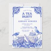 Blauw en wit Floral Tea Party uitnodiging (Voorkant)