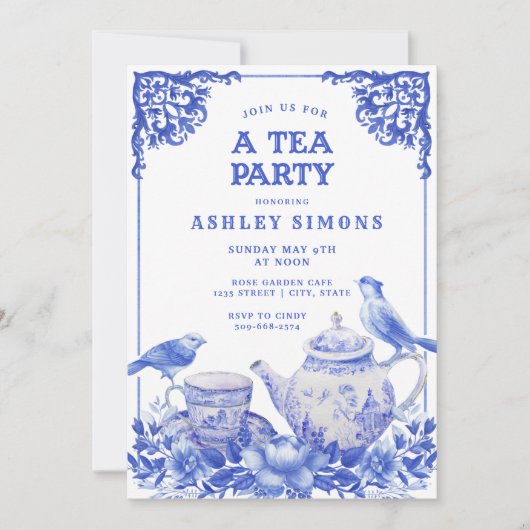 Blauw en wit Floral Tea Party uitnodiging (Voorkant)
