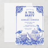 Blauw en wit Floral Tea Party uitnodiging (Voorkant / Achterkant)