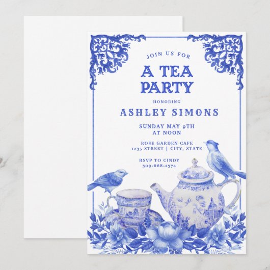 Blauw en wit Floral Tea Party uitnodiging (Voorkant / Achterkant)