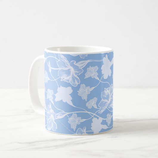 Blauw en wit floreel patroon koffiemok (Voorkant links)